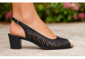 Sandale damă negre din piele naturală perforată cu toc gros și vârf decupat – CP431N